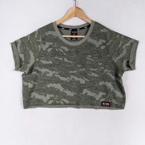 Tapout Top Shirt Womens Sz Medium Green Camo French Terry Cropped Pocket Tee